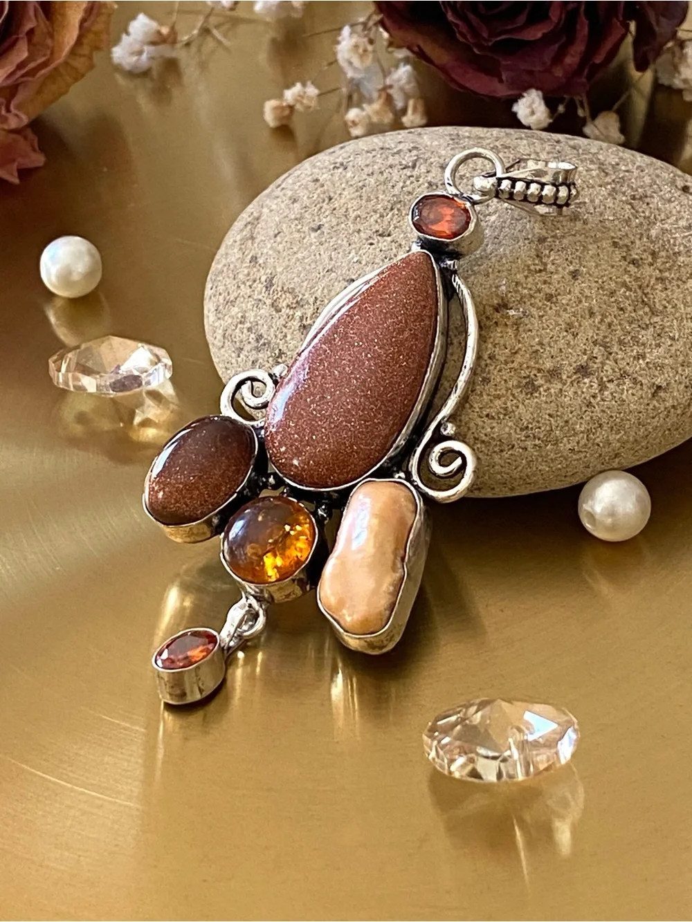 Gold Sunstone, Amber, Madera Citrine And Pearl  Pendant